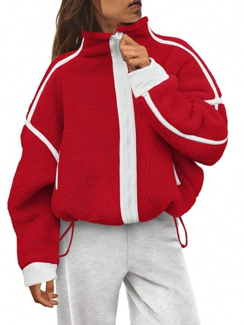 Red Elegant Casual Women's Stand Collar Long Sleeve Zipper Coat